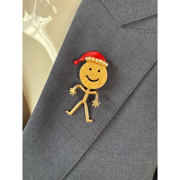 Gold-Toned Stick Figure Brooch With Enamel Santa Hat & Faux Pearl Trim - Picture 16 of 16